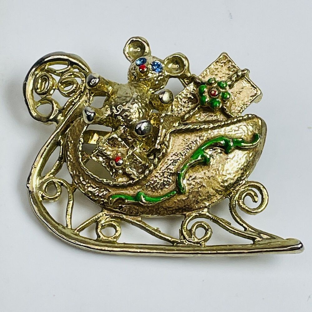 Vintage Style Christmas Mouse in Sleigh Brooch Pin Gold Tone Rhinestone Enamel